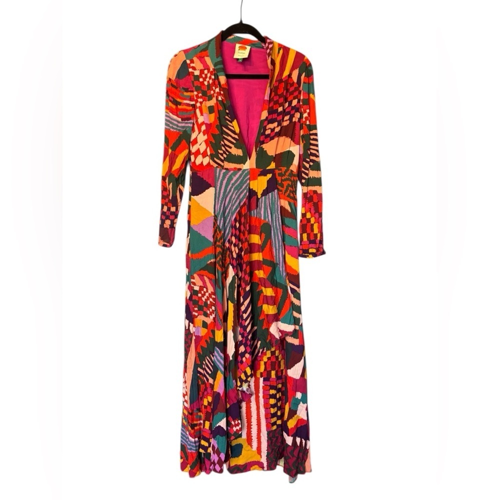Farm Rio Red Abstract Patches Maxi Dress V Neck Collar Long Sleeve Size Small - Picture 2 of 7
